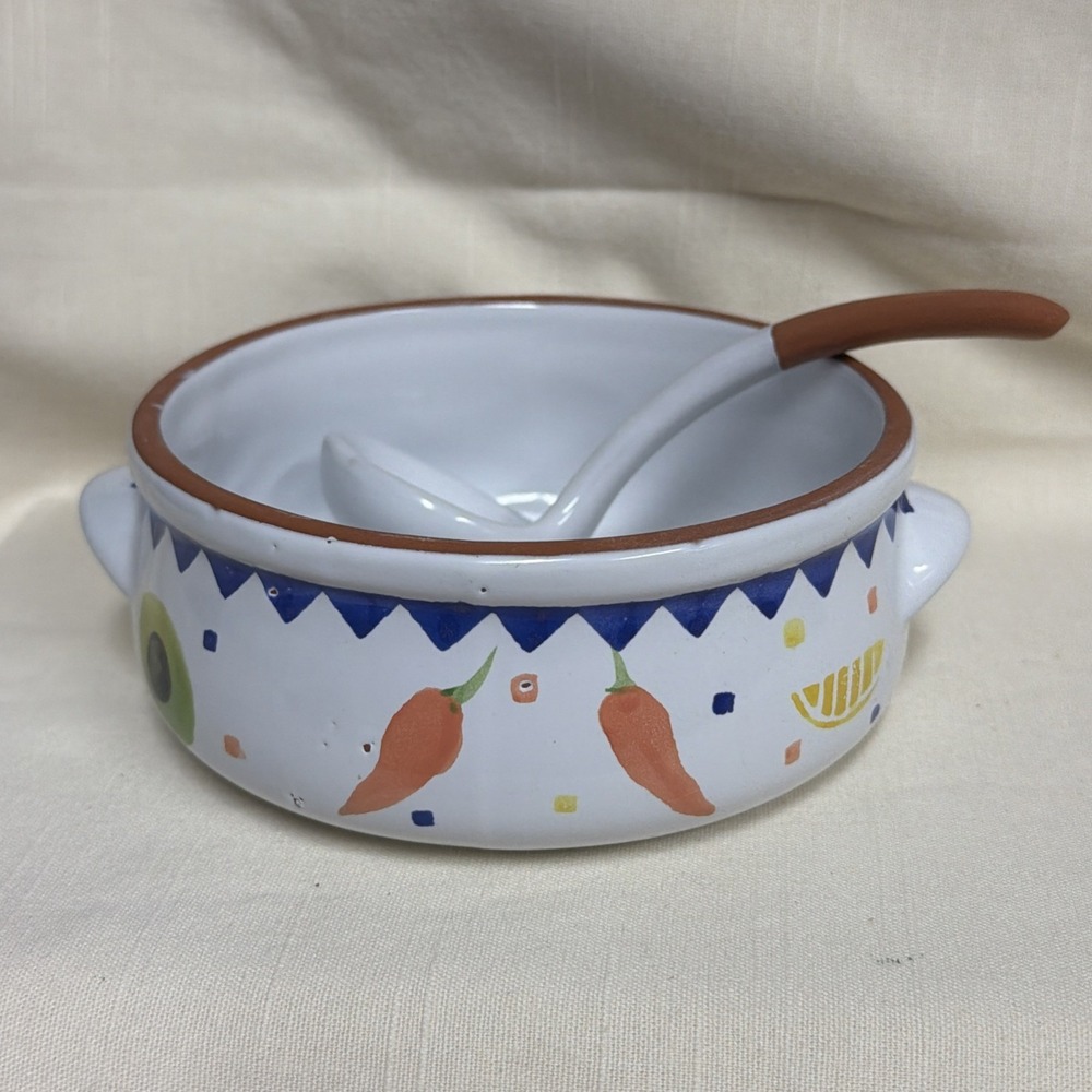 Boston Warehouse Southwest Salsa Matches Ladle Spoon Painted Terracotta Bowl VTG